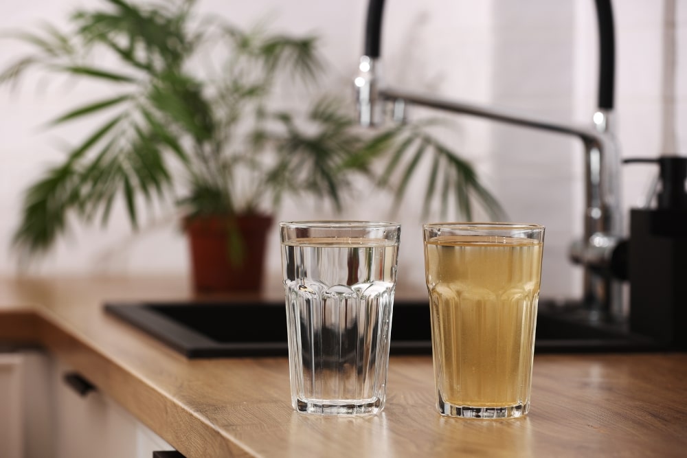 A glass of clear water beside a glass of discoloured tap water on a kitchen bench