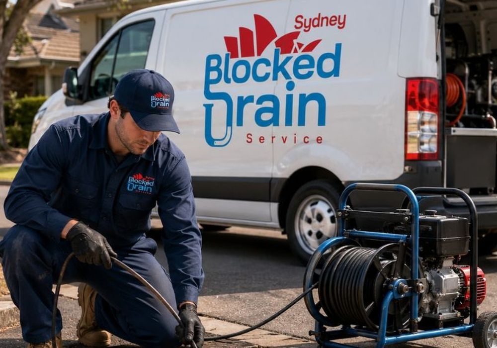 Sydney Blocked Drain Service drainer clearing a blocked drain with the clearing machine set up at the access point