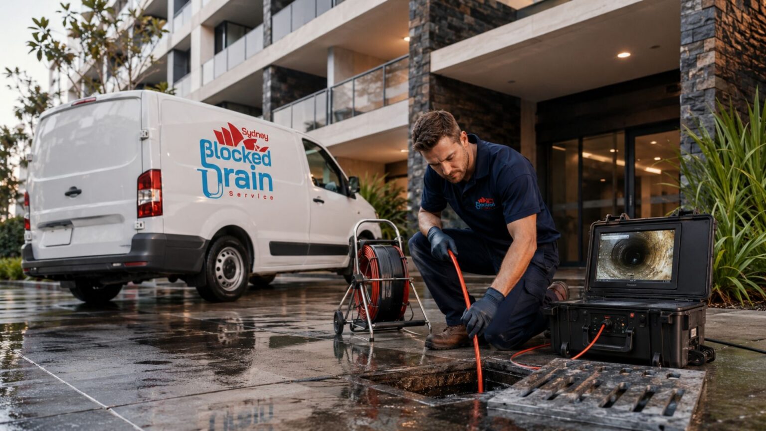 Sydney Blocked Drain Service van parked at a Sydney property with a drainer running a camera reel into an open drain beside it