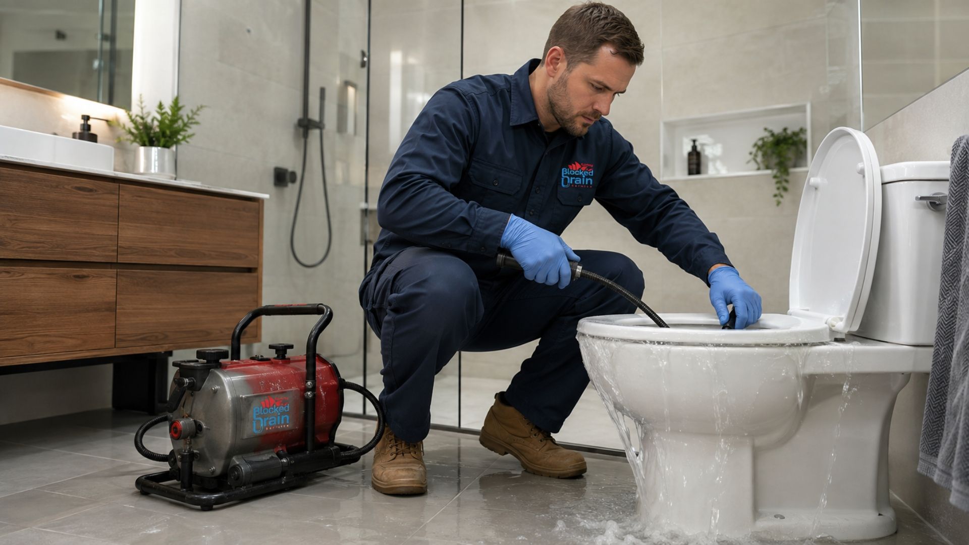 Drainer working on a blocked toilet in a Sydney bathroom with a clearing machine beside him
