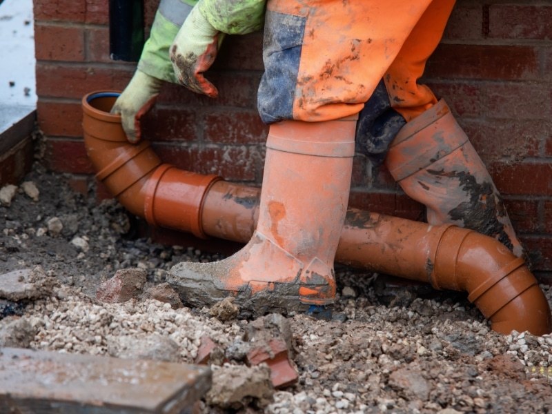 worker installing underground pipes before a drain camera inspection to check blockages