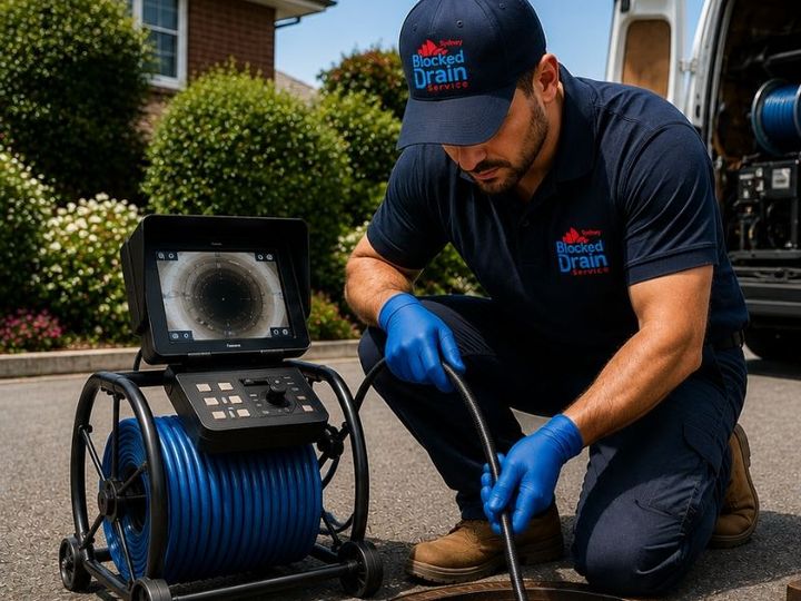CCTV drain camera footage on a monitor during a drain inspection at a Sydney property