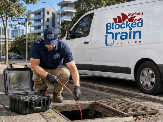 Plumber reviewing CCTV drain camera footage of a Sydney sewer line on screen