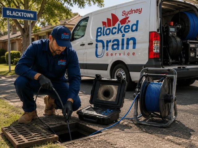 Drain camera monitor showing the inside of a pipe during an inspection in the Blacktown City Council area, with the branded van behind
