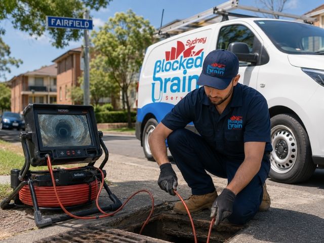 Drain camera monitor showing the inside of a pipe during an inspection in the Fairfield City Council area, with the branded van behind