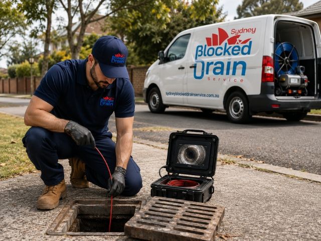 Drain camera monitor showing the inside of a pipe during an inspection in the Strathfield Municipal Council area, with the branded van behind