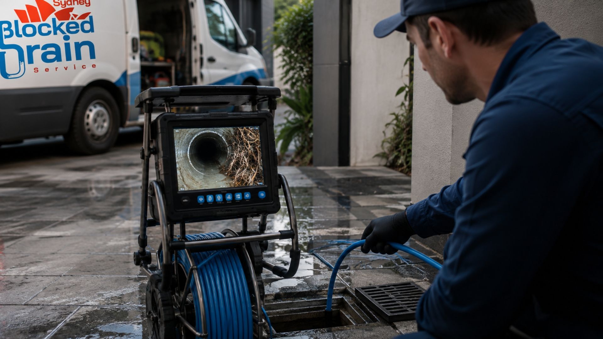 Plumber running a CCTV drain camera and reviewing footage of a Sydney sewer line on screen at a Parramatta property