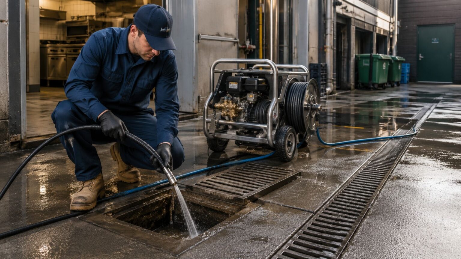 Drainer jetting a trade waste drain at the rear of a commercial kitchen with bins and a loading area behind