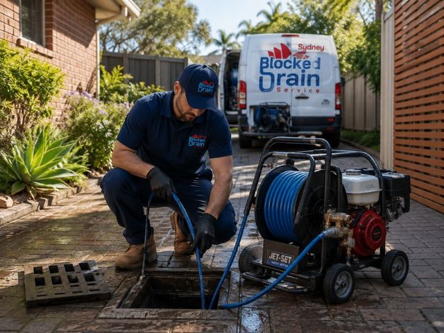 Drainer running a jetting rig at a street drain in the Blacktown City Council area, with the branded van parked alongside