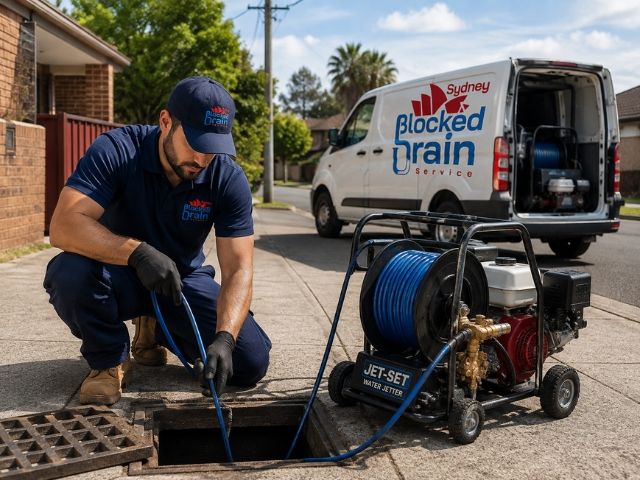 Drainer running a jetting rig at a street drain in the Fairfield City Council area, with the branded van parked alongside
