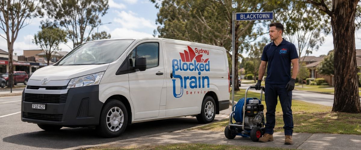 Sydney Blocked Drain Service van and jetting rig set up at an open drain on a street in the Blacktown City Council area