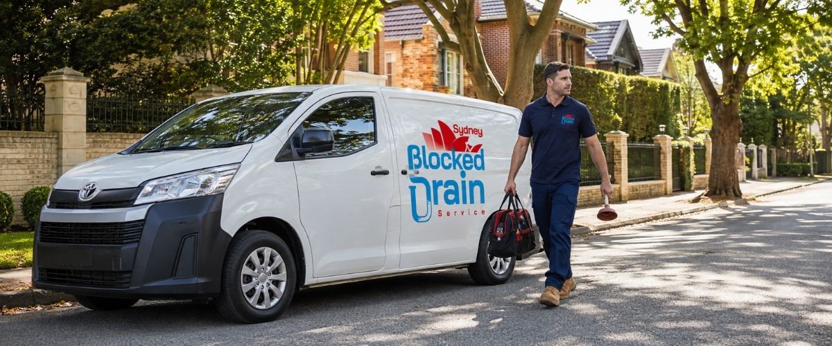 Sydney Blocked Drain Service van and jetting rig set up at an open drain on a street in Strathfield