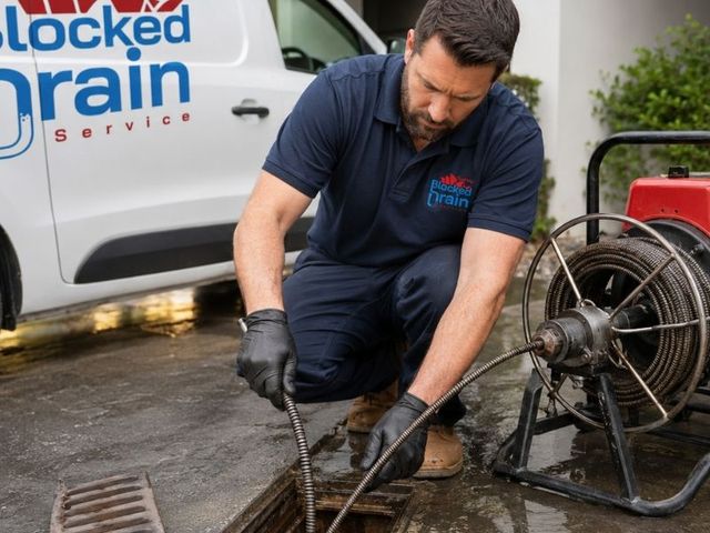 Sydney Blocked Drain Service plumber feeding an electric eel drain machine into a blocked drain at a Sydney property