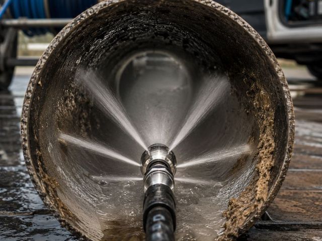 High pressure water jetting nozzle scouring the inside of a blocked drain pipe on a Sydney job