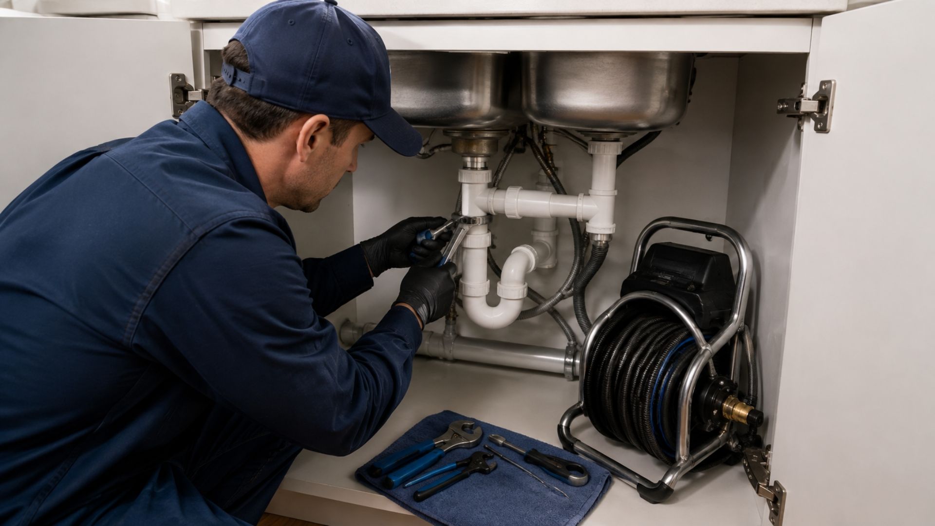 Drainer working on the waste pipework under a kitchen sink with tools laid out in the cupboard