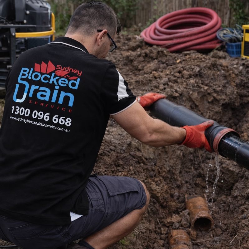 New sewer pipe being laid in an open trench beside the old damaged section