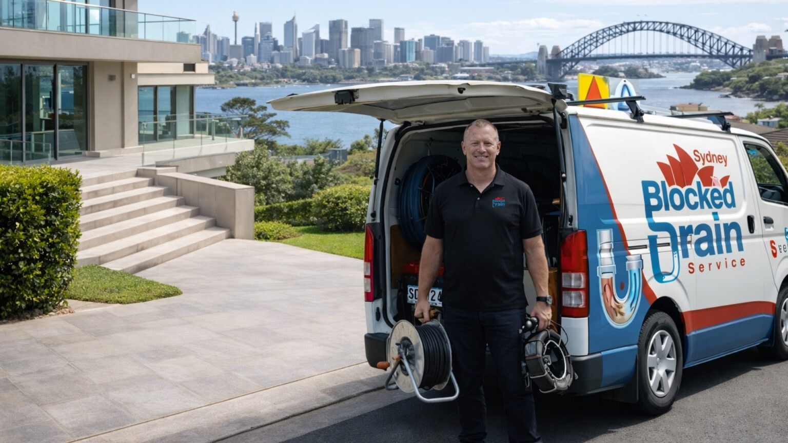 Sydney Blocked Drain Service van at a harbourside property, with the Harbour Bridge behind, covering drainage work across Sydney