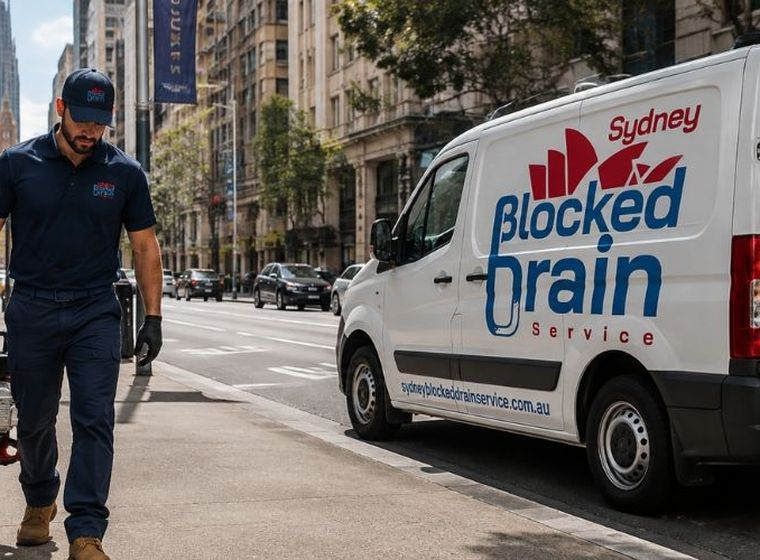 Sydney Blocked Drain Service plumber and branded van on a Sydney street, on the way to a blocked drain call