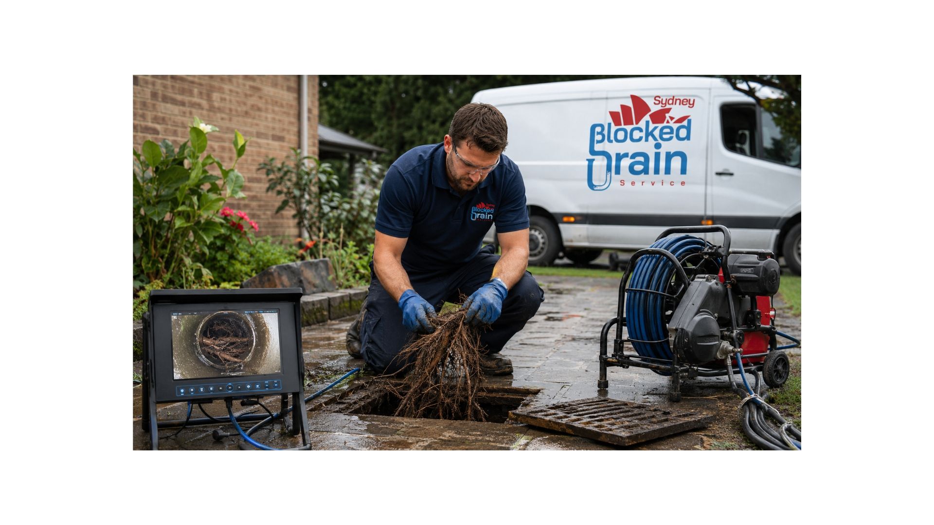 Drainer pulling a mass of tree roots out of a drain, with the camera monitor set up at the access point