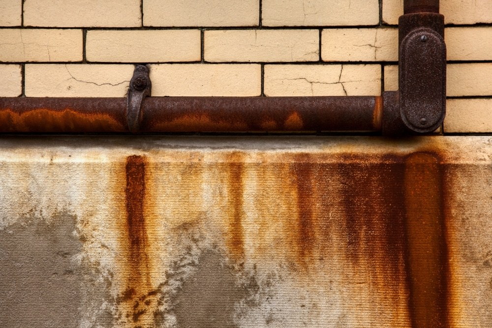 A rusted galvanised water pipe running along a brick wall with rust staining beneath it