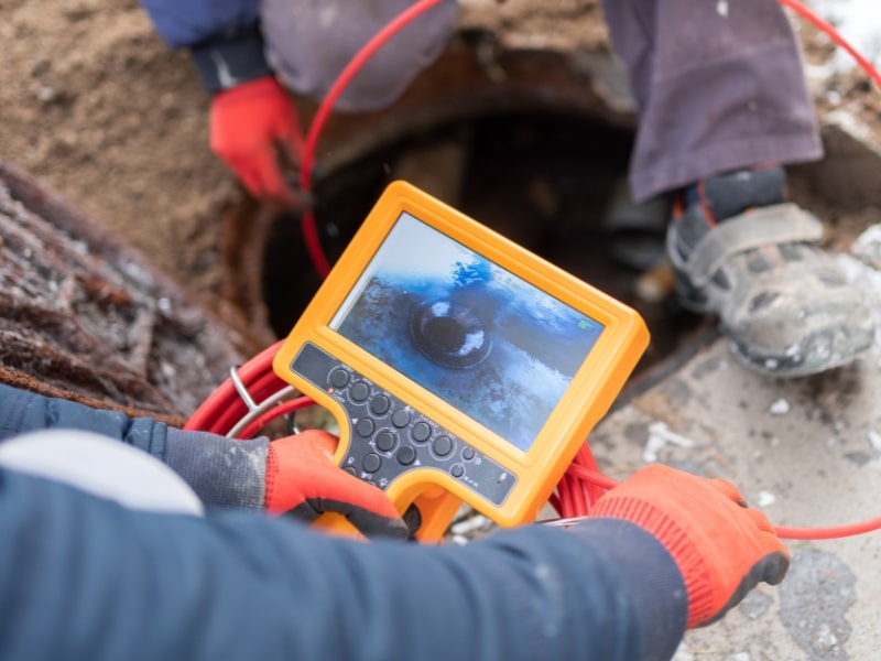A technician holding a CCTV drain camera monitor while the camera cable feeds into an open pit