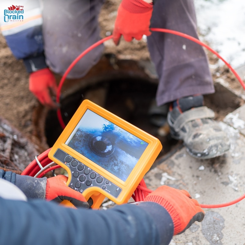 CCTV drain inspection showing a technician using a sewer camera to check underground pipes for blockages and damage.