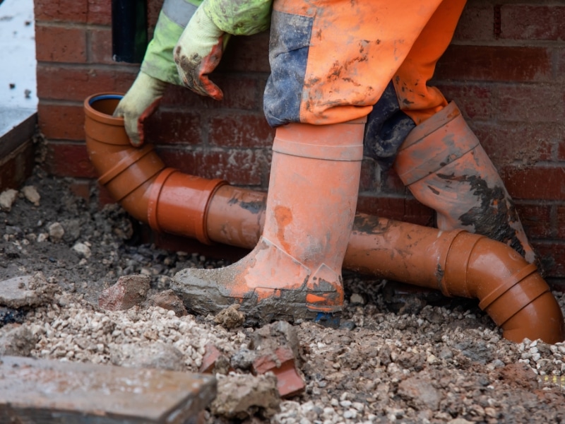 worker installing underground pipes before a drain camera inspection to check blockages