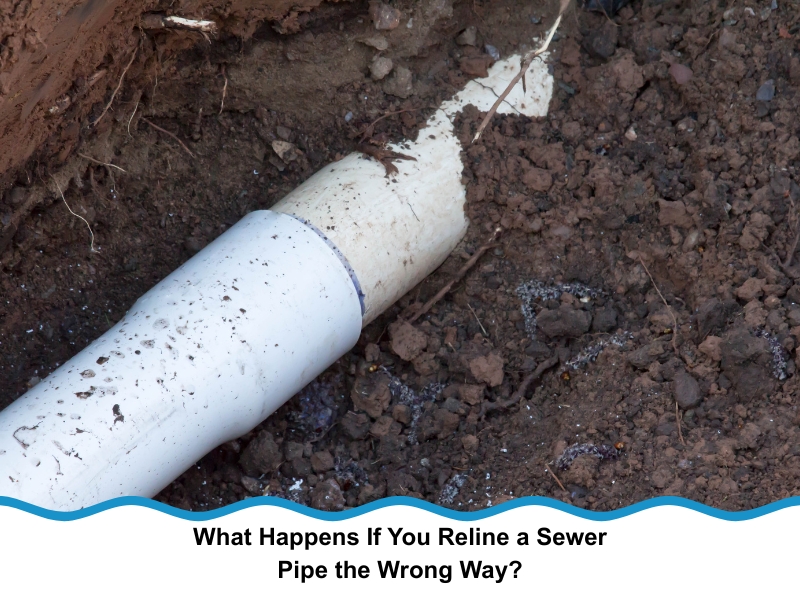 Damaged ground showing failed attempt to reline sewer pipe correctly