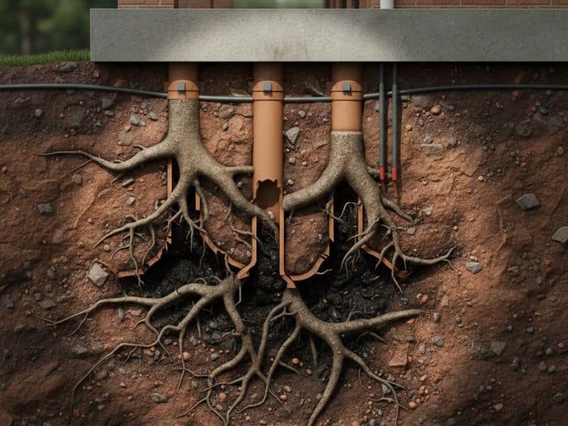 Tree root removal showing roots damaging sewer pipes in a Sydney home