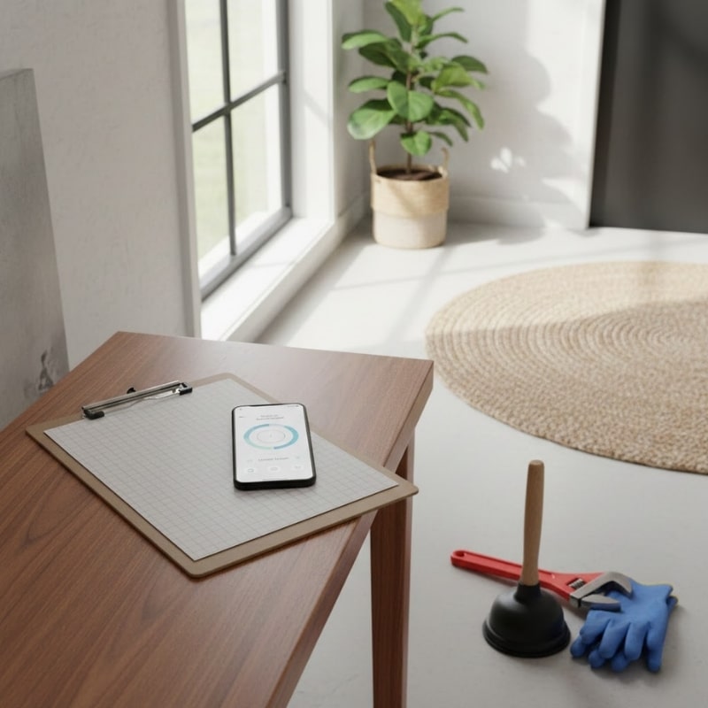 Sydney homeowner checklist for choosing a local plumber, showing a clipboard and plumbing tools.