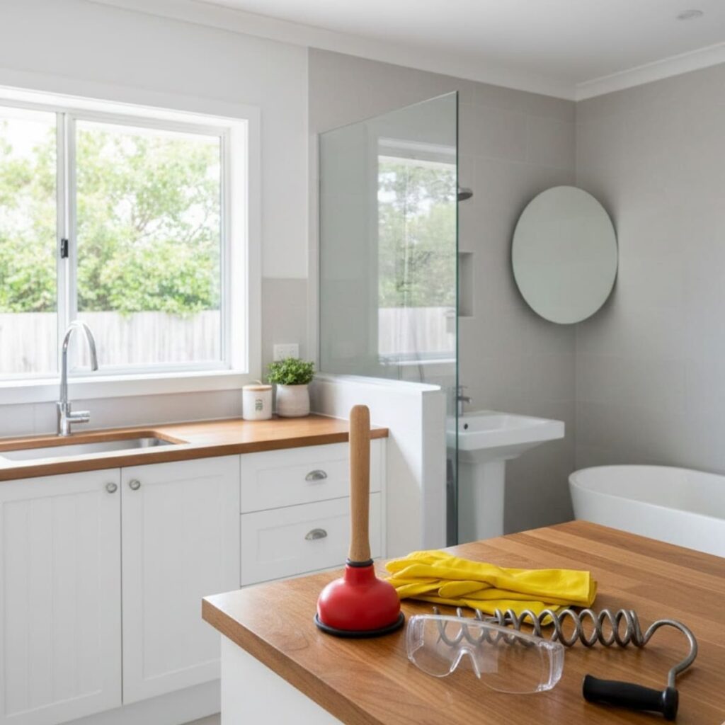 Safe DIY tools for clearing a blocked drain in a Sydney home, including plunger, gloves and a drain snake.