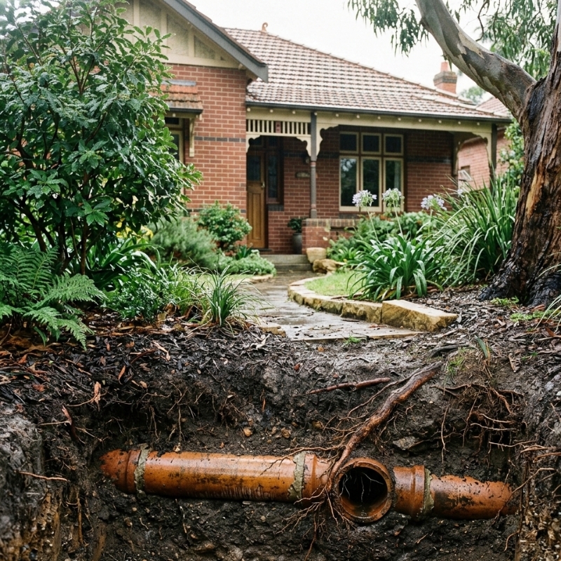 Cutaway view showing tree roots entering an old terracotta sewer pipe joint outside an older Sydney home.