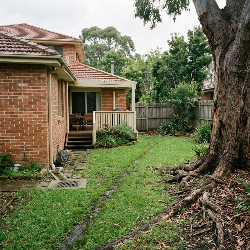 Soggy patch in a Sydney yard near a tree showing a common warning sign of damaged underground drain pipes