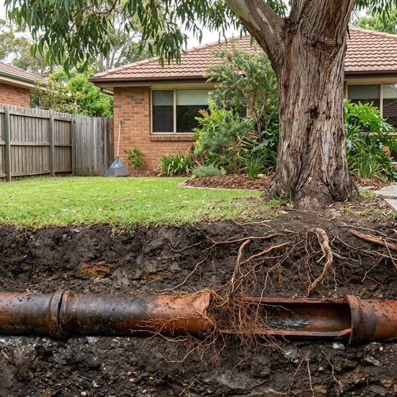 Tree roots entering a cracked sewer pipe joint beneath a Sydney backyard
