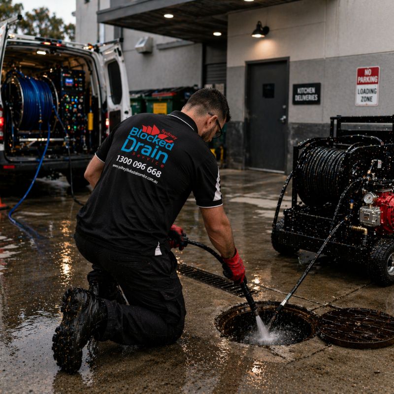 Plumber performing commercial drain cleaning with high pressure jetting in Sydney