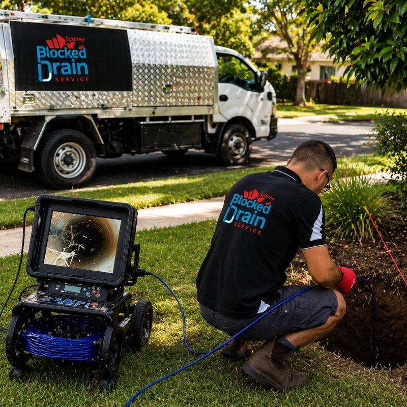 Plumber clearing blocked drain using professional equipment in Sydney street