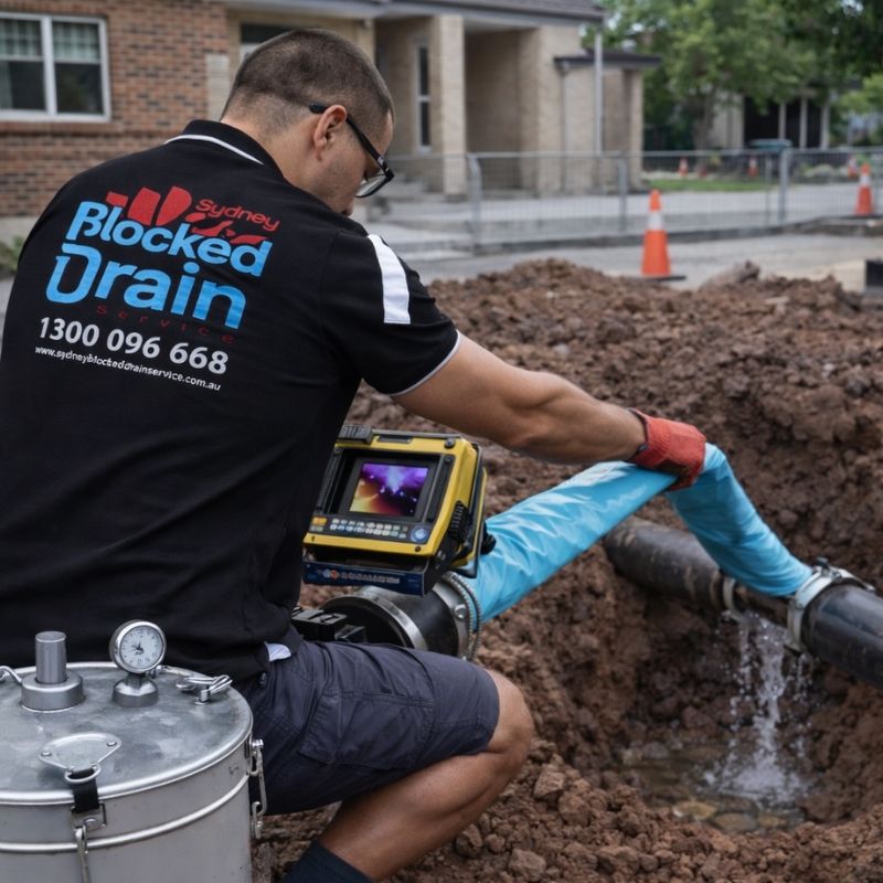 Plumber installing pipe relining sleeve inside damaged underground pipe in Sydney
