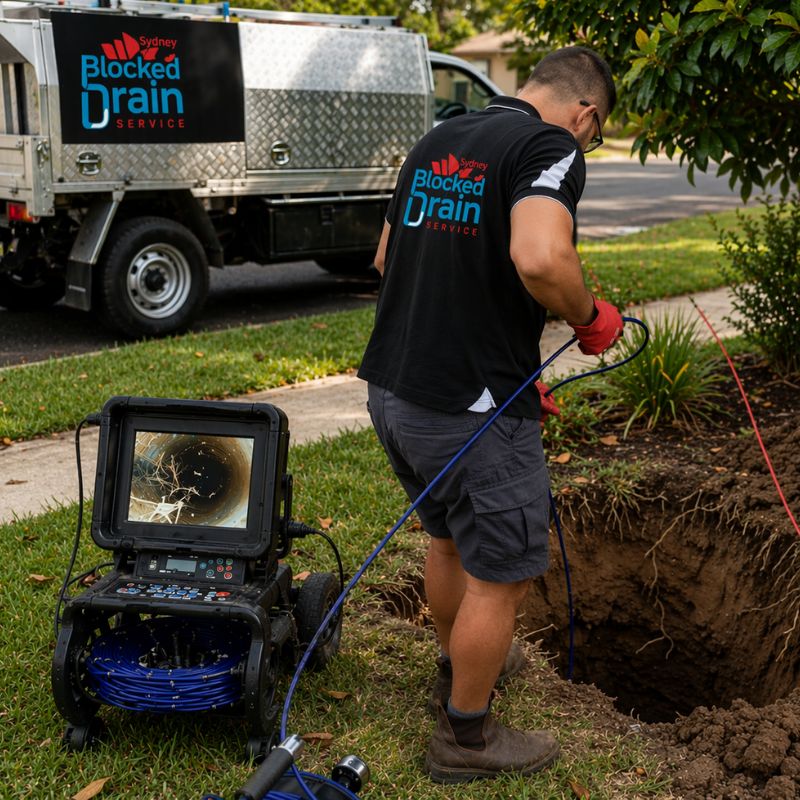 Plumber performing CCTV drain inspection using camera equipment in Sydney yard