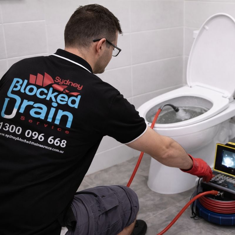 Plumber using drain camera equipment to inspect blocked toilet in Sydney bathroom