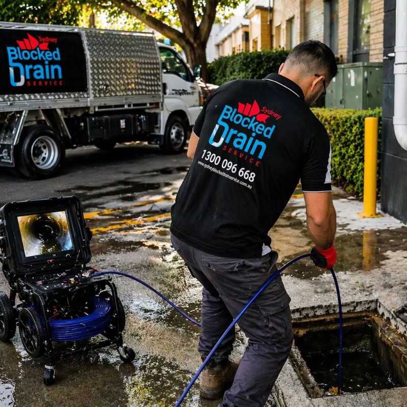 Plumber conducting CCTV drain inspection with camera system in Sydney commercial area