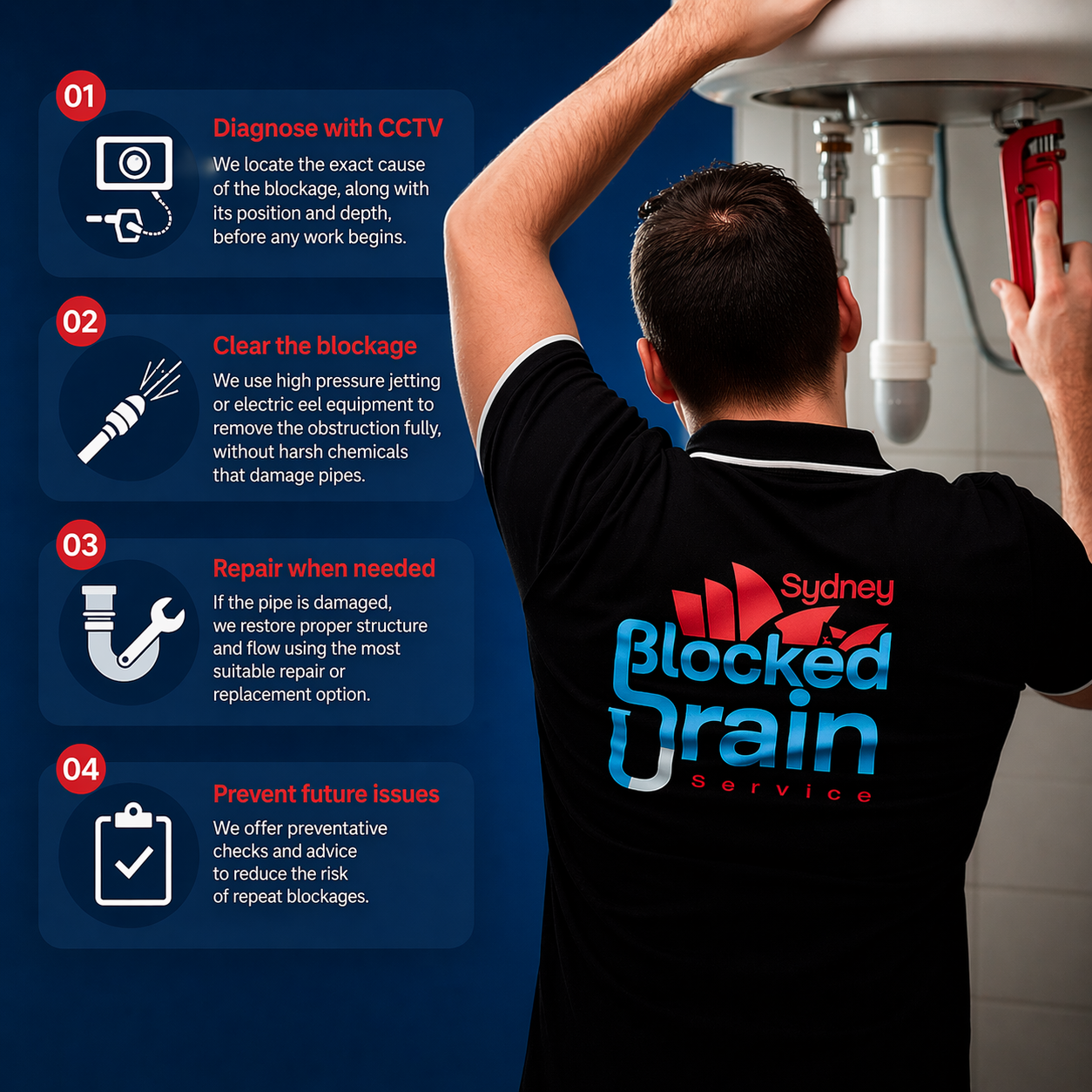 Plumber repairing blocked drain under sink showing inspection and clearing process