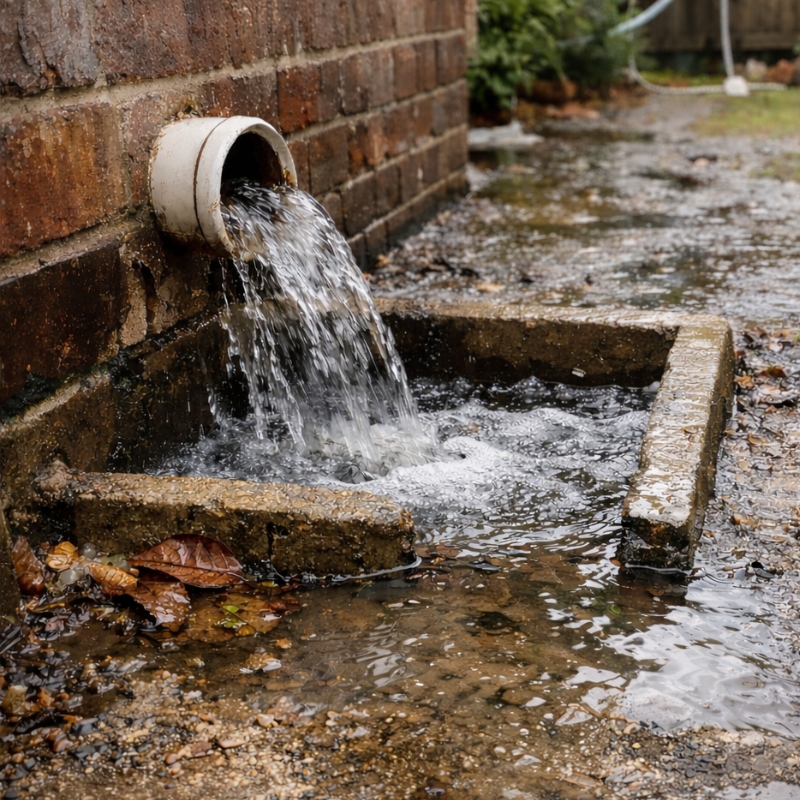 Overflowing outdoor blocked drain beside brick wall at Sydney home