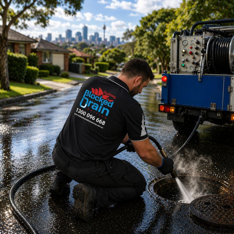 Plumber using electric eel machine to clear outdoor drain in Sydney street
