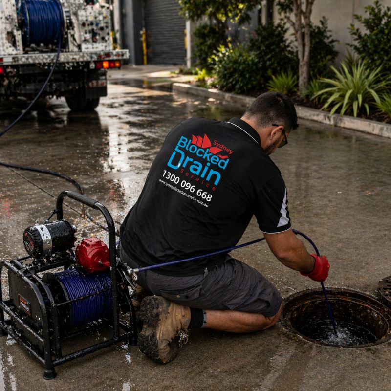 Plumber using electric eel drain cleaner to clear blocked drain in Sydney