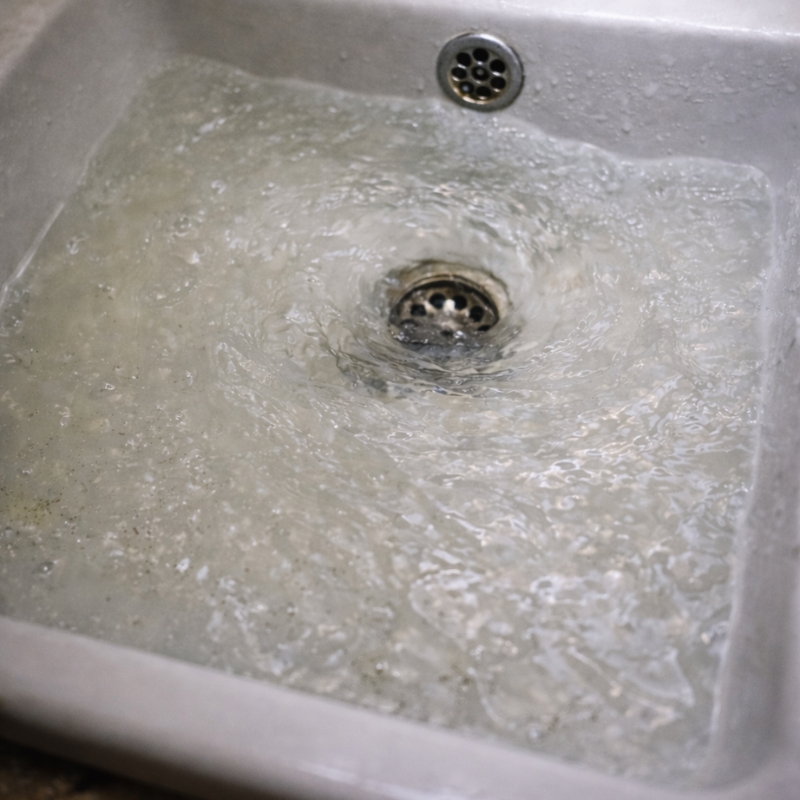 Slow-draining sink with water pooling around blocked drain opening
