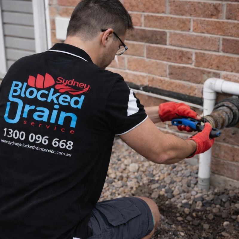 Plumber repairing external pipe connection on residential plumbing system in Sydney