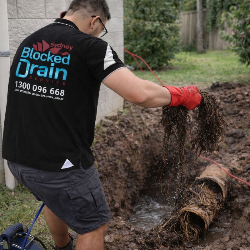 Plumber removing tree roots from damaged underground drain pipe in Sydney yard