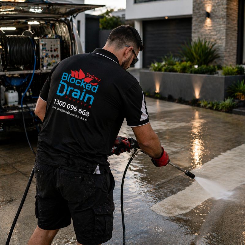 Plumber using high pressure water jetter to clean driveway drain in Sydney