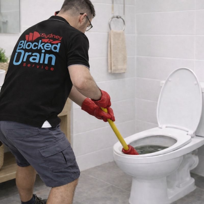Plumber clearing blocked toilet using plunger in Sydney bathroom
