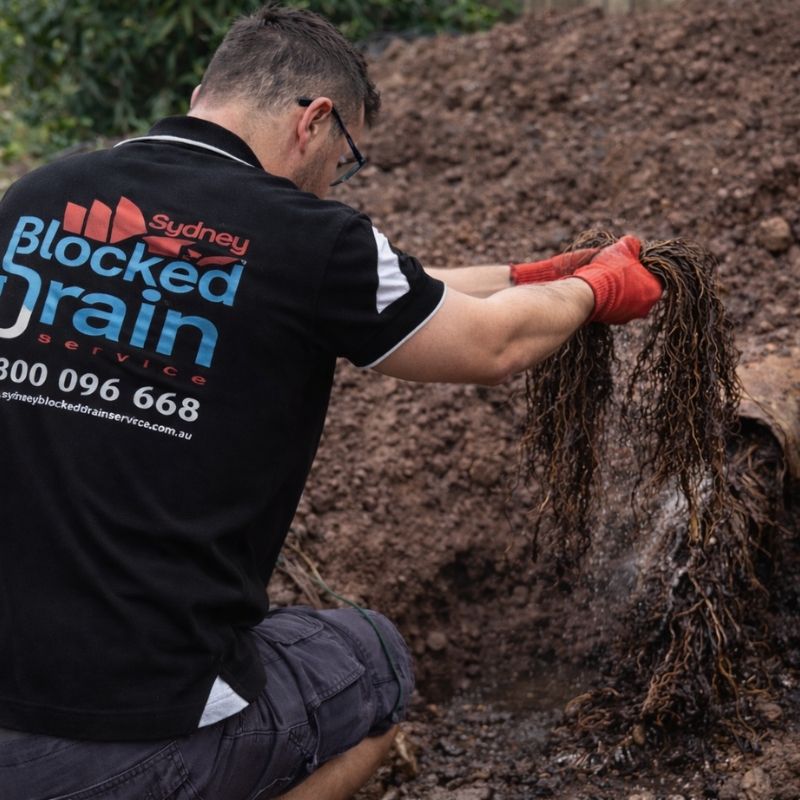 Plumber pulling tree roots from blocked underground drain pipe in Sydney